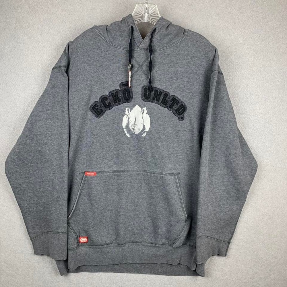 Y2K Ecko Unltd. Pullover Hoodie Sweatshirt Rino Logo Grey White Black Men's‎ XL